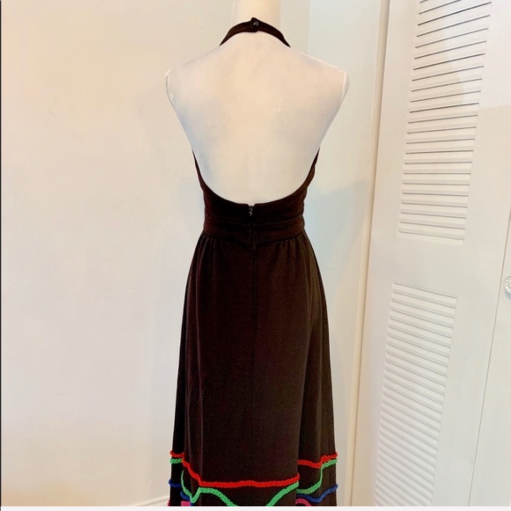 Vintage 70s Halter Neck Black Maxi Dress with Multicolored Striped Ruffled Trim - Picture 8 of 9